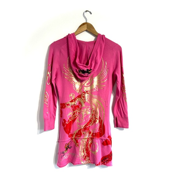 Ed Hardy Hooded tunic top pink tattoo Phoenix jersey knit 3/4 sleeves - Picture 3 of 17